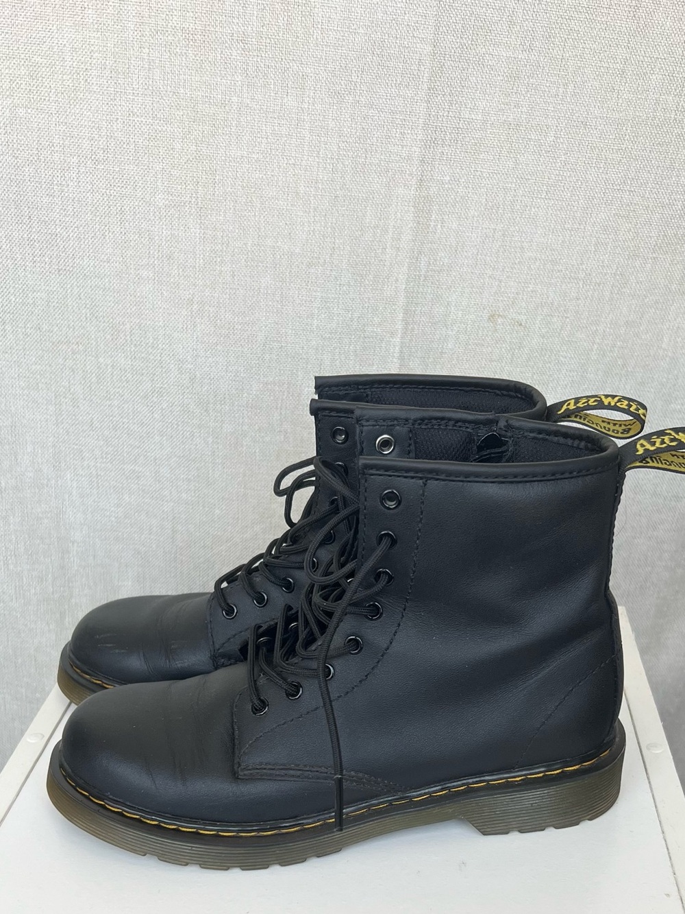 Dr. Martens Black Leather 8-Eye Lace-Up Boots with Yellow Stitching